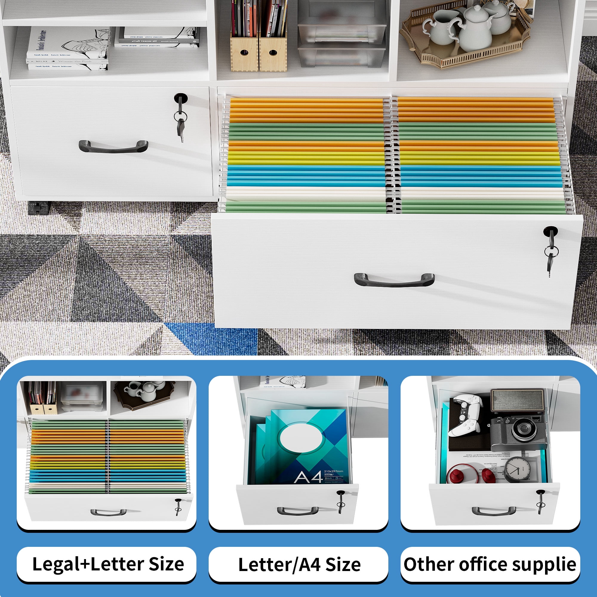 Modfurne Large Lateral File Cabinet with 2 Drawers, Wood Mobile Lockable Rolling Filing Cabinet, Printer Stand Office Storage Fits Files Legal/A4, White