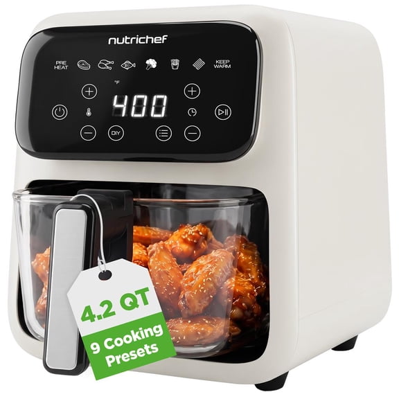 NutriChef 4.2-Quart Glass Air Fryer, 9-in-1 Preset Cook Modes, Glass Fry Bowl, Adjustable Temperature & Timer for Steak, Chicken, Fish, Veggies & Fries, White