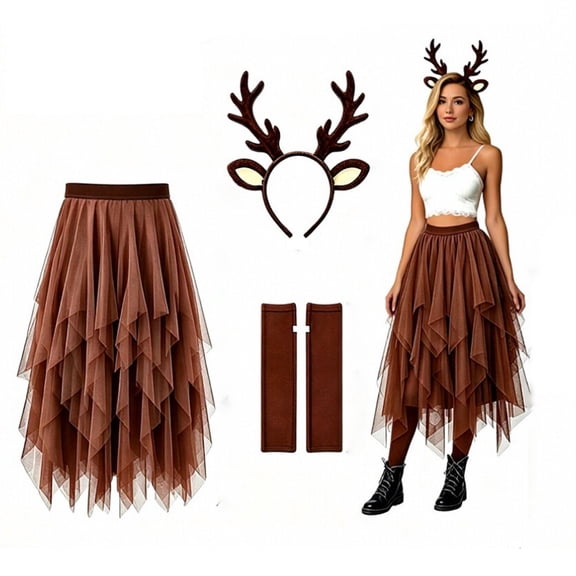 JIAYUE Womens Reindeer Costume Set Irregular Tulle Midi Skirt Deer Antler Headband Arm Cuffs Christmas Holiday Cosplay Outfit