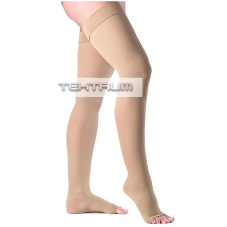 Tektrum - A Pair of Thigh High Firm Graduated Compression Medical Stockings with Silicone Top Band 23-32mmhg - Open Toe  Beige  Small US/Medium EU