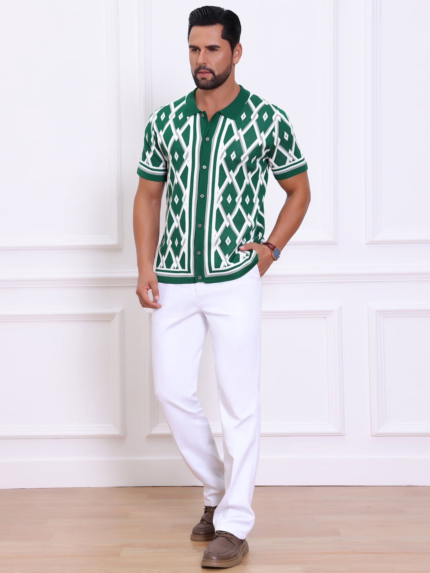 DARING DIVA Men's Short Sleeve Button Down Plaid Knitted Argyle Polo Shirt L Green