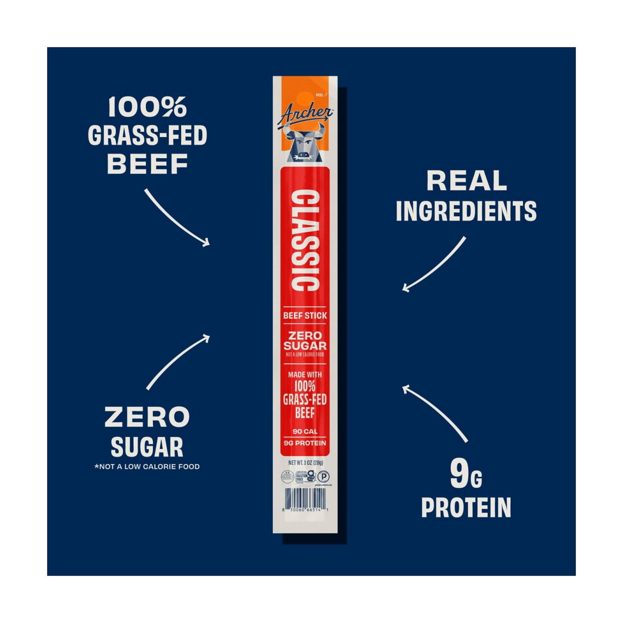 (6 pack) Archer Classic Beef Jerky Sticks, 9g Protein, 100% Grass-Fed, Zero Sugar, 1 oz, 8 Count