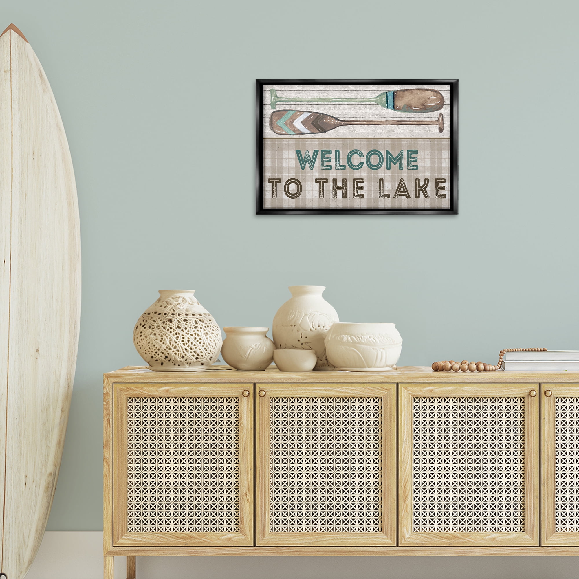 Stupell Industries Rustic Welcome Lake Oars Typography Painting Black Floater Framed Canvas Art Print Wall Art, 25 x 17