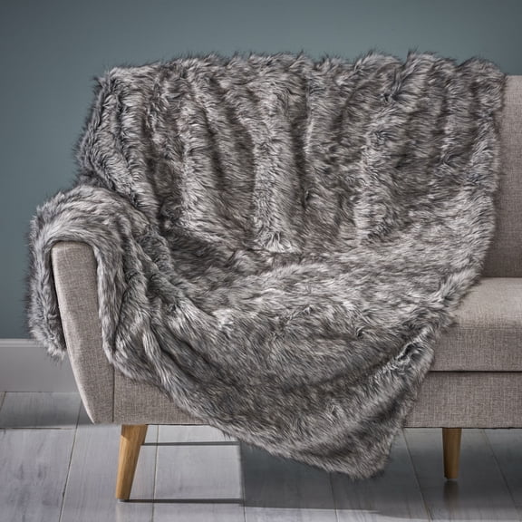 White & Grey Streaks Faux Fur Throw Blanket - Soft Cuddly, 50"x60" 70% Acrylic/30% Polyester