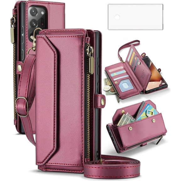 Phone Case for Samsung Galaxy Note 20 Ultra 5G Zipper Wallet Cover with Screen Protector and Flip RFID Blocking Card Holder Cell Note20 Plus Notes 20Ultra Note20 U 20 Twenty Not S20 Women Wine Red