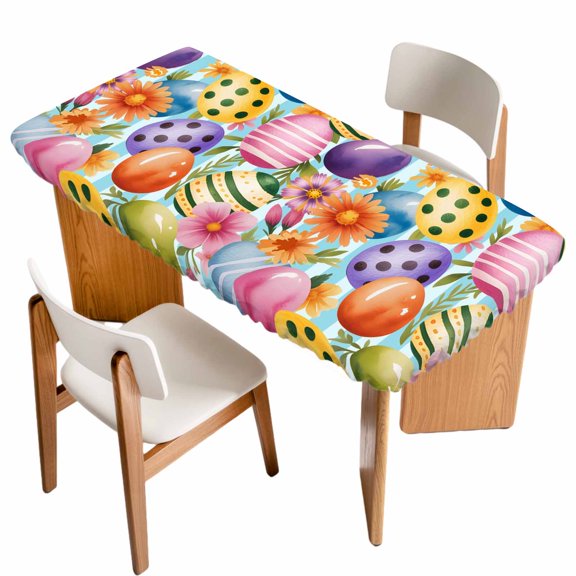 Easter Colorful Eggs Table Cloths for 3 Foot Rectangle Tables, Spring Floral Polka Dot Blue Striped Patio Waterproof Elastic Fitted Tablecloths, Washable Rectangular Table Cover for Camping
