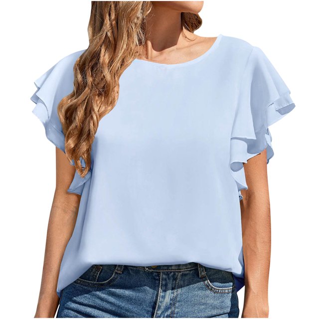 Tops de manga corta para mujer, cuello redondo, camisas casuales sólidas, blusa con volantes Pompotops hfajkhk129287