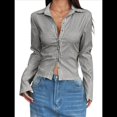 thumbnail image 1 of Camisa Corta A Rayas con Botones y Larga Ajustada para Mujer, Blusa de Trabajo Gris XXL, 1 of 10