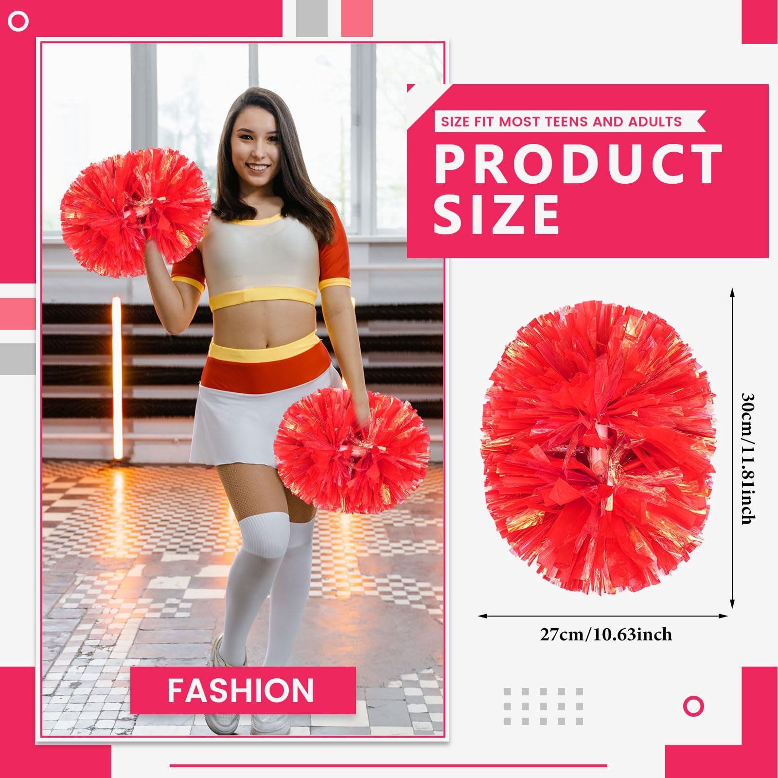 Cheerleading Pom Poms 8 Pcs with Handle Style, Handheld Squad Pompoms for Sports Team Cheer Spirit Games Dance Party Adults