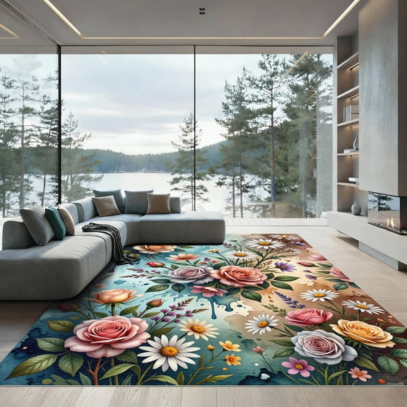 ODIKA 4'x6' Machine Washable Non-Slip Area Rug, Watercolor Blue High Traffic Rug, Blue, 1235496