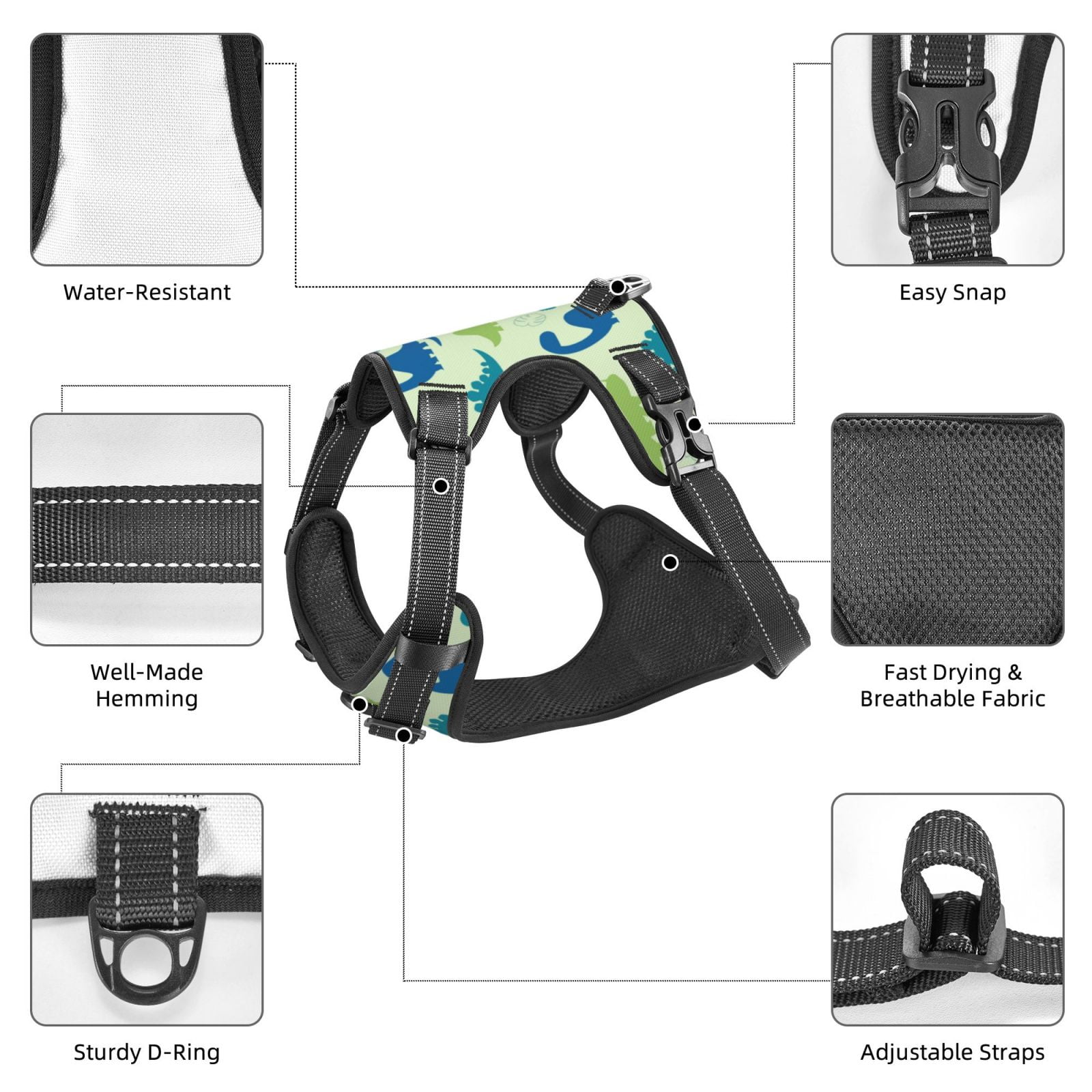 Kdxio Cute Dinosaur Blue Green Print No Pull Dog Harness Adjustable Reflective Oxford Easy Control Medium Large Dog Harness for Training and Everyday-Medium