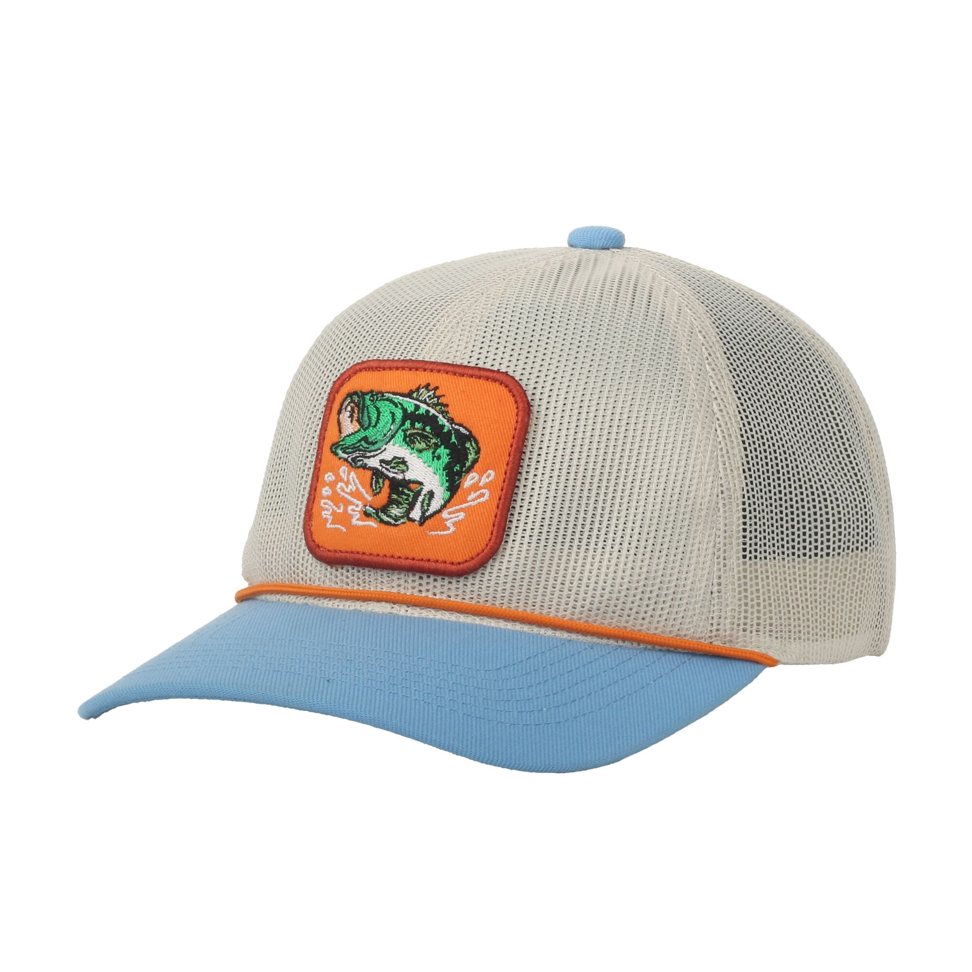 Putty/Blue Bass 6-Panel Cap – Unstructured Mesh Back, Bass Patch, Snapback, One Size