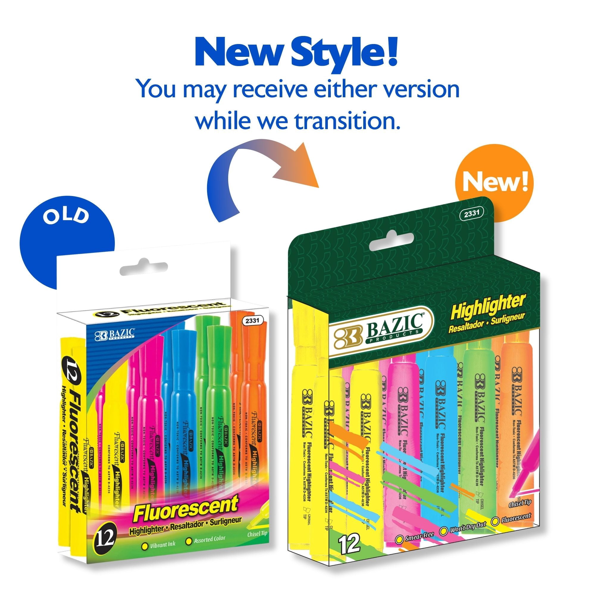 BAZIC Highlighter Assorted Color Chisel Tip Unscented Marker, 144-Count