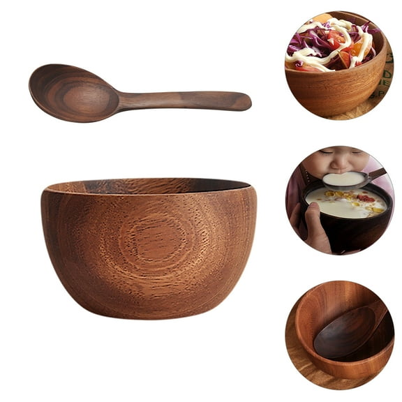 OUNONA  2 Pcs Acacia Wooden Bowl and Spoon Set Mixing Bowls Salad Travel