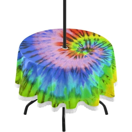 Coolnut 60" Round Tablecloth 60In,Tie Dye Pattern Waterproof Table Cover with Umbrella Hole and Zipper,Party Patio Table Covers for Indoor & Outdoor Backyard /BBQ/Picnic