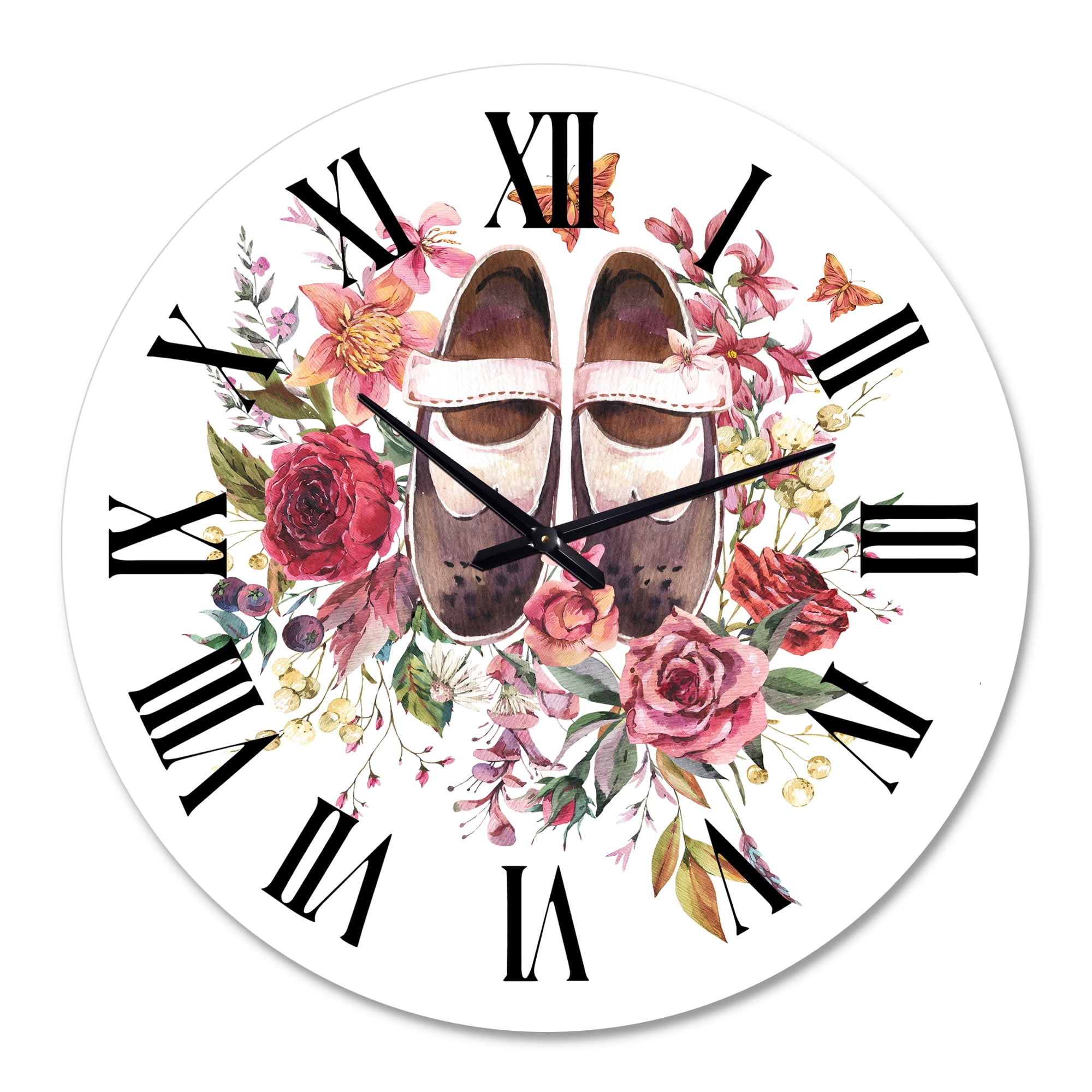 Designart 'Vintage Oxford Shoes With Wildflowers' Farmhouse Wall Clock