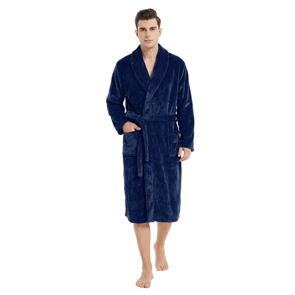 U2SKIIN Mens Fleece Robe, Soft Warm Long Plush Shawl Collar Fleece Bathrobe(Navy, L-XL)