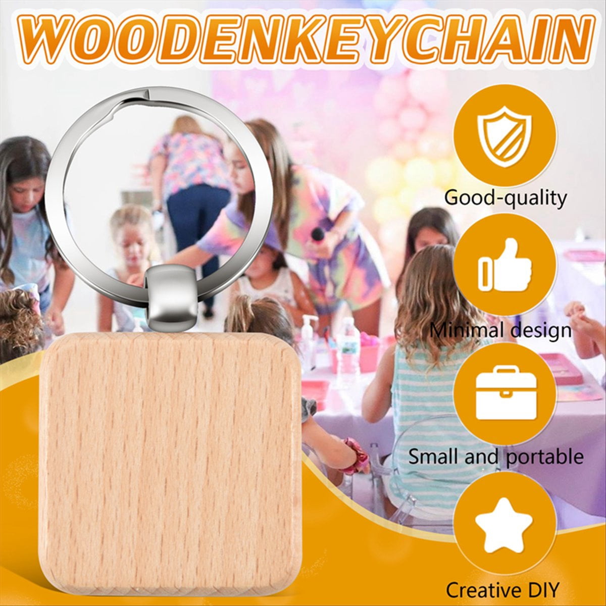 100Pcs DIY Blank Wooden Key Chain Square Carved Key Ring Wooden Key Ring About 40 x 40 mm,100 x Wooden Key Chain,Wood color & silver