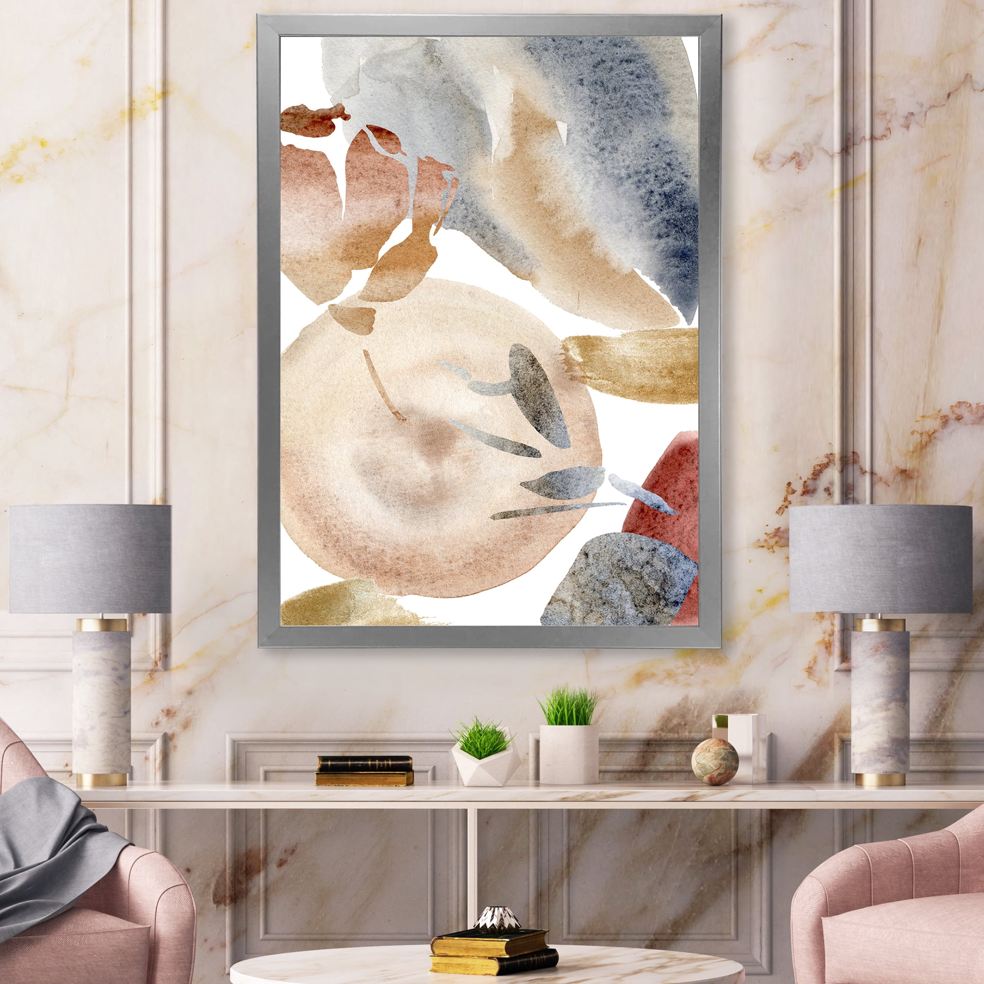 Designart 'Abstract With Red Pink Gold and Beige Spots Pastel' Modern Framed Art Print