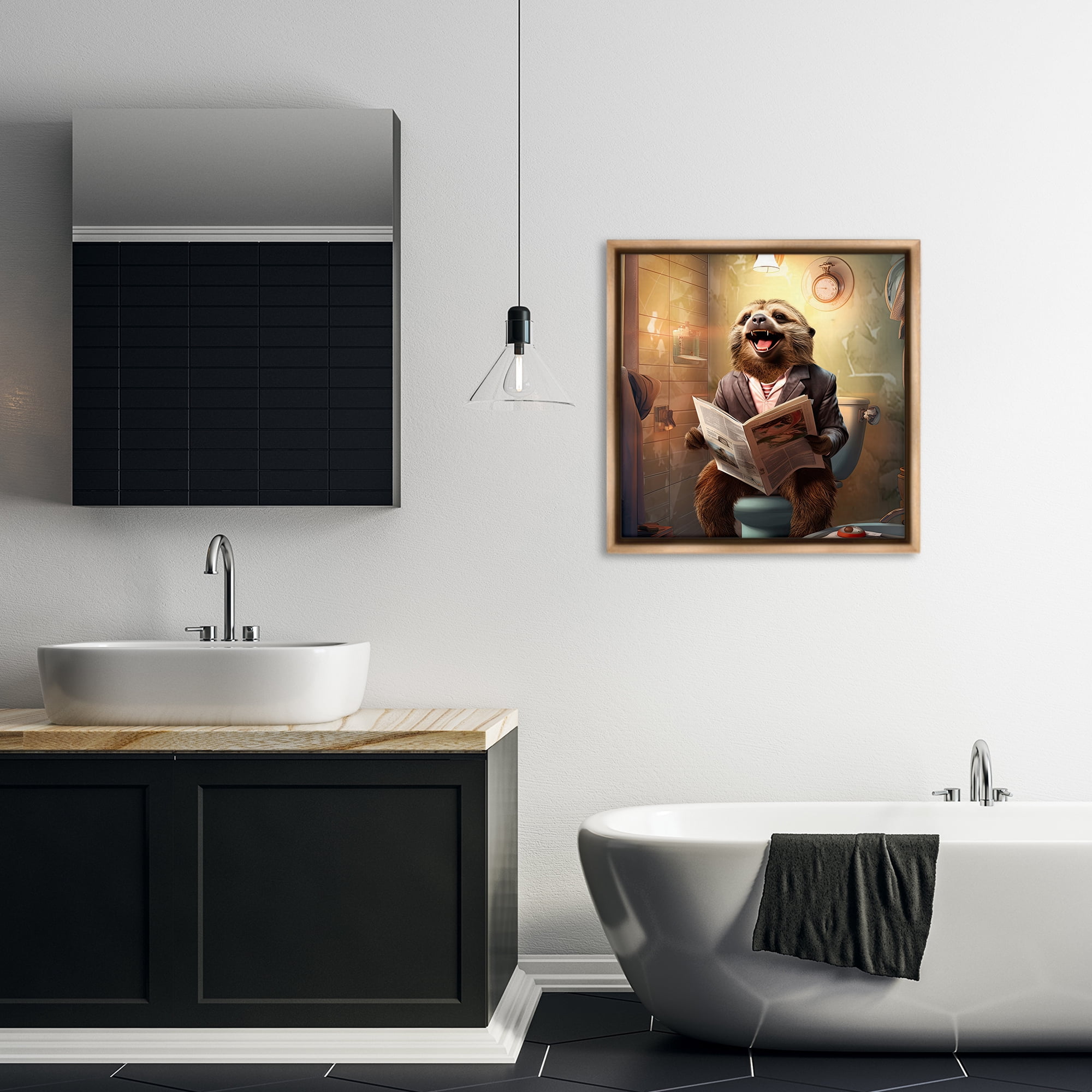 Stupell Industries Smiling Sloth on Toilet Typography Painting Brown Floater Framed Canvas Art Print Wall Art, 25 x 25