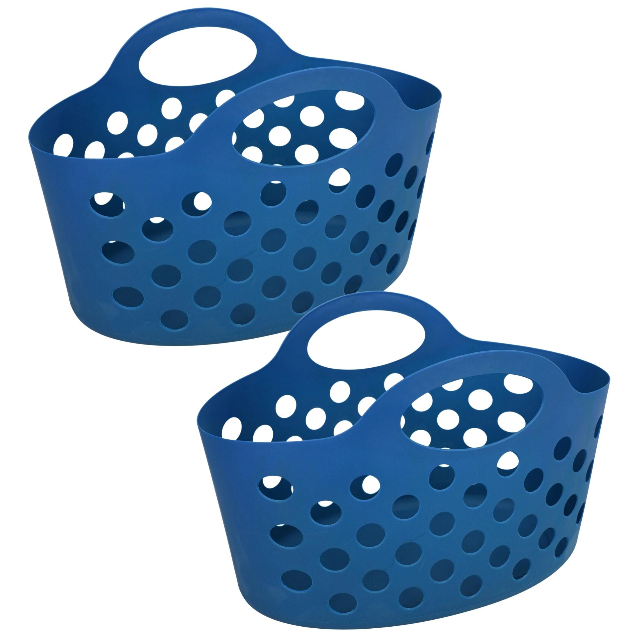 (2) Plastic Oval Carry Totes Navy Blue Hand Baskets with Handles for