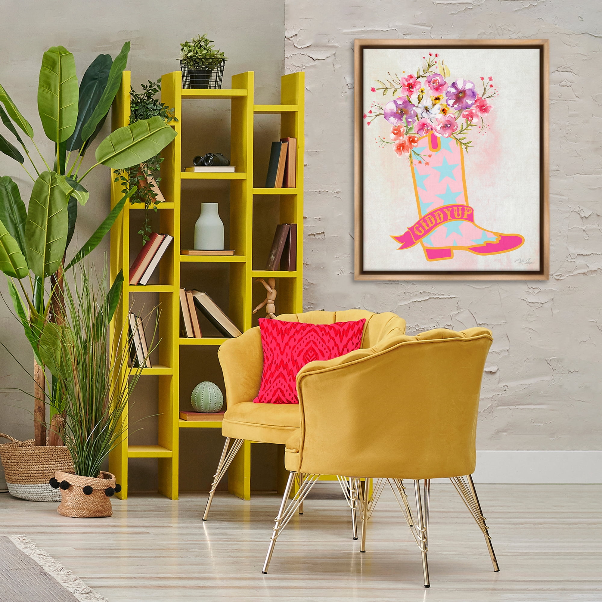 Stupell Industries Giddy Up Floral Cowgirl Plants & Flowers Painting Brown Floater Framed Canvas Art Print Wall Art, 25 x 31