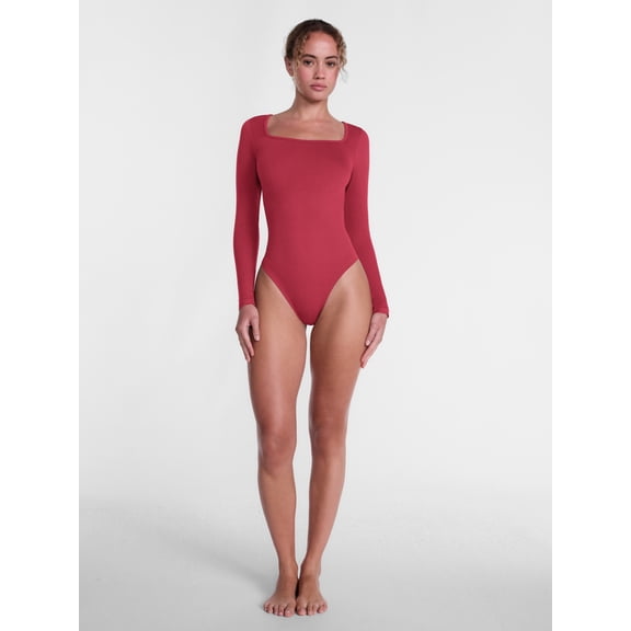 Joyspun Women's Seamless Square Neck Bodysuit with Long Sleeves, Sizes S-XXXL