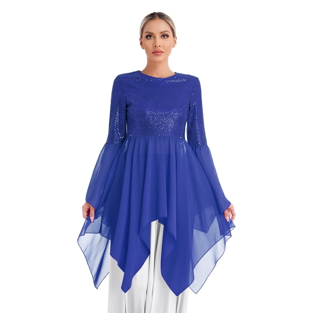 Yanarno Robe de Danse Liturgique de Louange pour Femmes, Costume de Performance de Danse de Culte à Paillettes Patchwork Bleu m