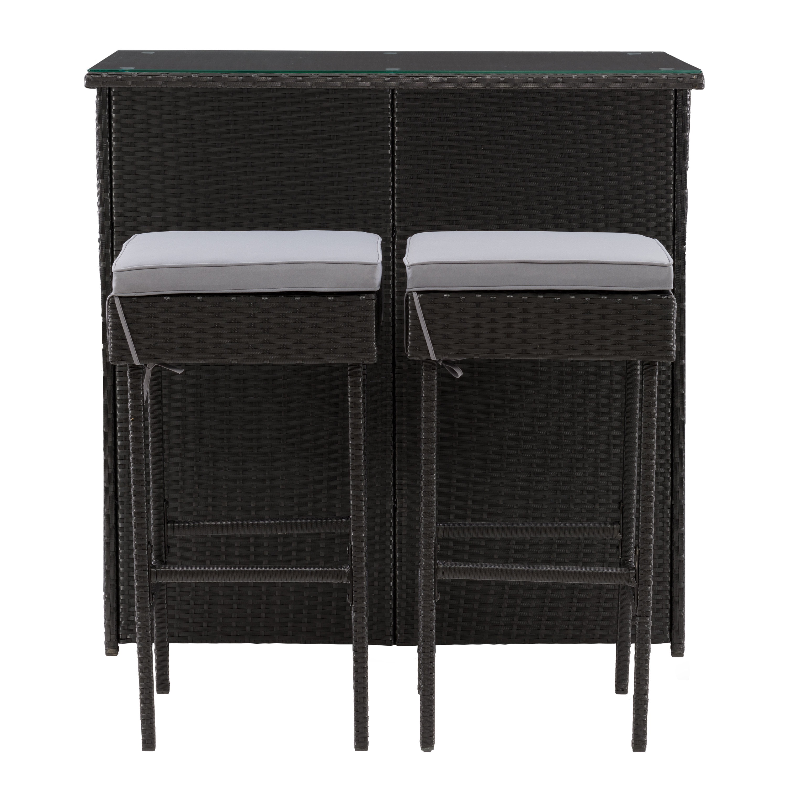 CorLiving Parksville 3-Piece Stylish and Durable Resin Wicker and Steel Patio Bar Set with Barstools with Cushions, Black/Grey