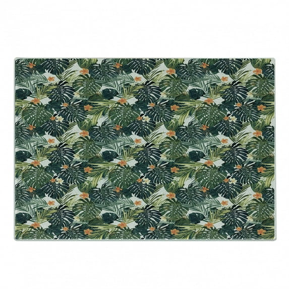 Green Cutting Board, Hawaiian Summer Aloha Pattern Tropical Plants and Hibiscus Flowers, Decorative Tempered Glass Cutting and Serving Board, Small Size, Green Dark Teal Orange, by Ambesonne
