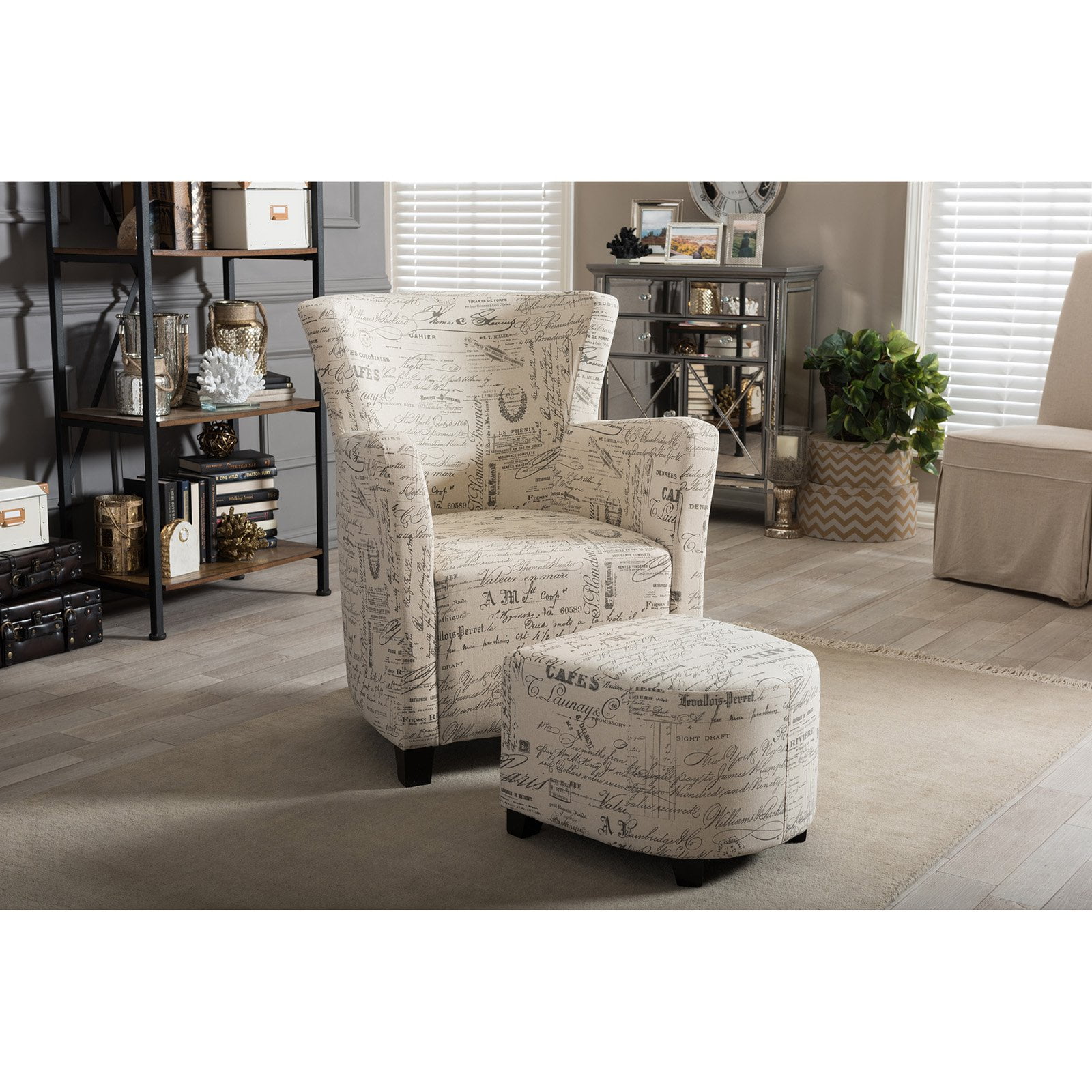Ottomans Baxton Studio Benson French Script Patterned Fabric Club