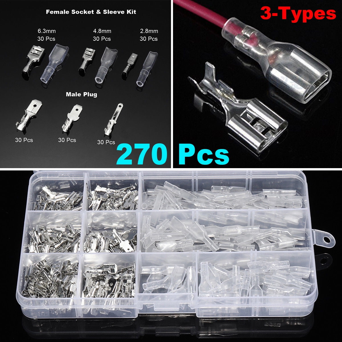Spade Connectors Kit 270 pcs Silver Electrical Connectors with Insulating Sleeve 2.8mm 4.8mm 6.3mm Crimp Connectors Female/Male Spade for Wire Connection
