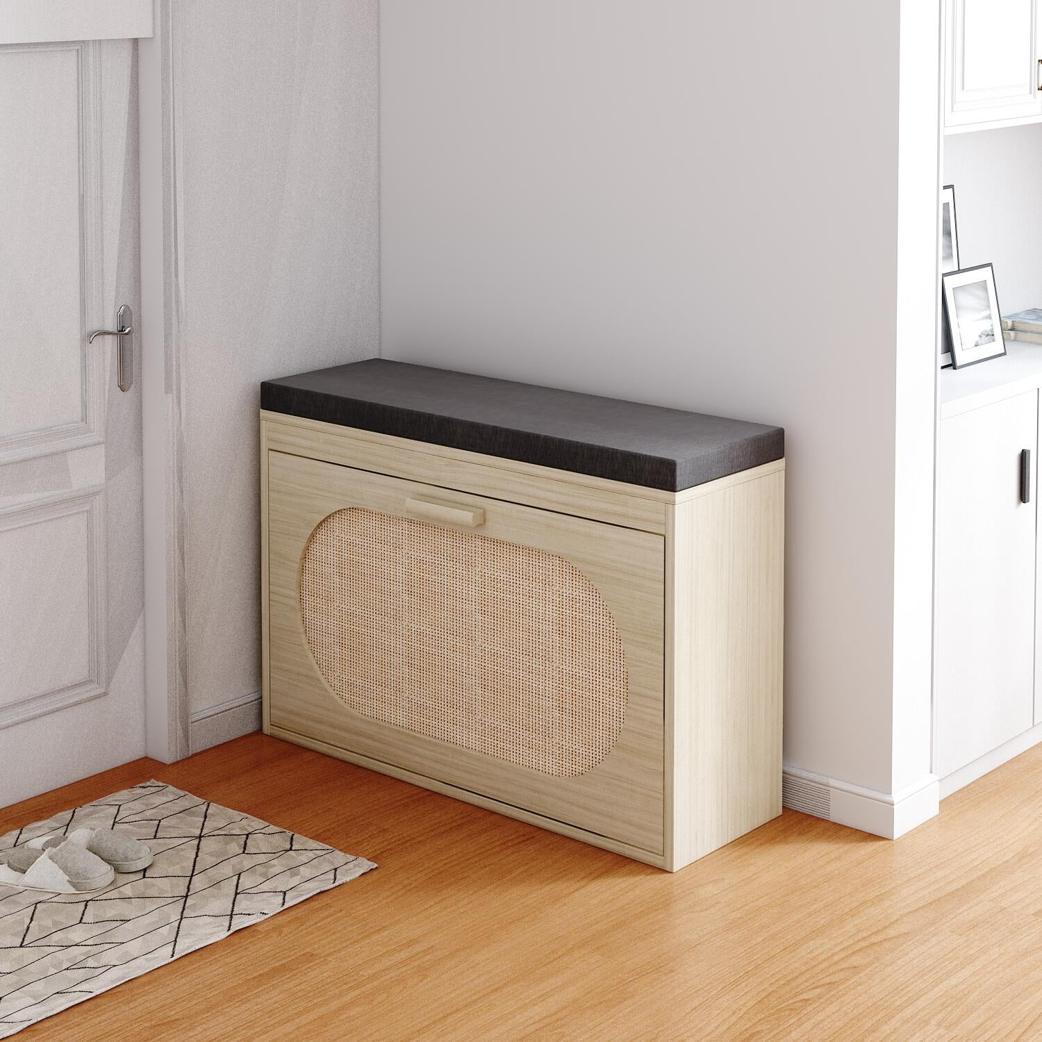 SalonMore Rattan FlipDrawer Shoe Bench, Entryway Storage Bench with