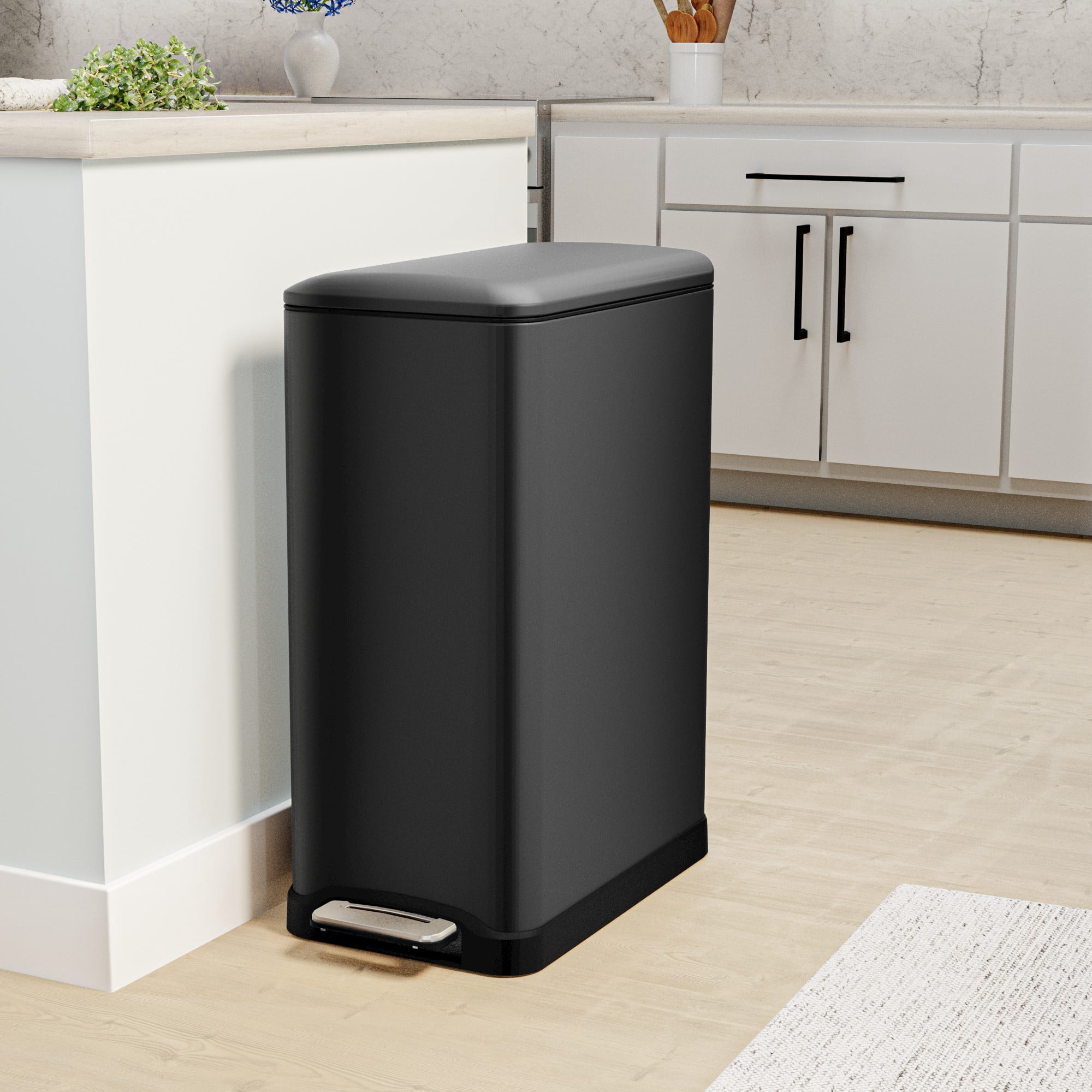 Home Zone Living 13 Gallon Dual Compartment Stainless Steel Kitchen Trash Can with Step Pedal and Soft Close Lid, Black