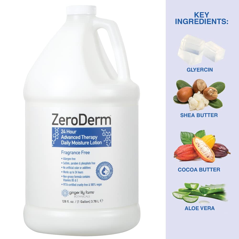 Ginger Lily Farms Botanicals ZeroDerm 24 Hour Advanced Therapy Daily Moisture Lotion, Allergen-Free, 100% Vegan & Cruelty-Free, Fragrance Free, 1 Gallon (128 Fl. Oz.) Refill