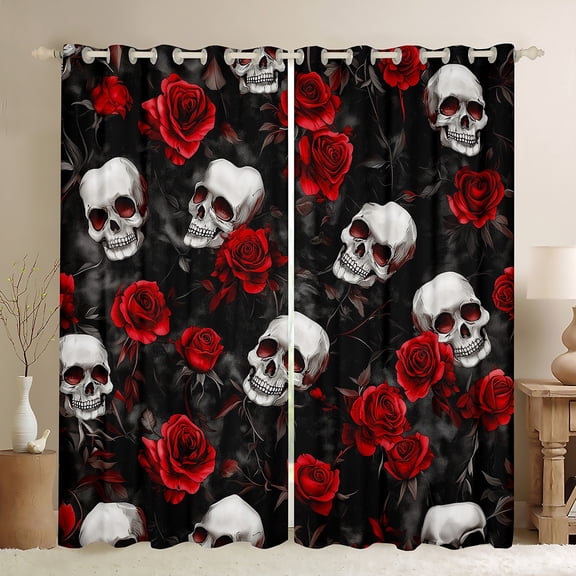jejeloiu Romantic Red Rose Black Out Curtains,Gothic Skull Skeleton Curtains Pack of 2 (42x63 Each),Velantine Flowers Bedroom Curtains For Men Women,Luxury Bedroom Decor