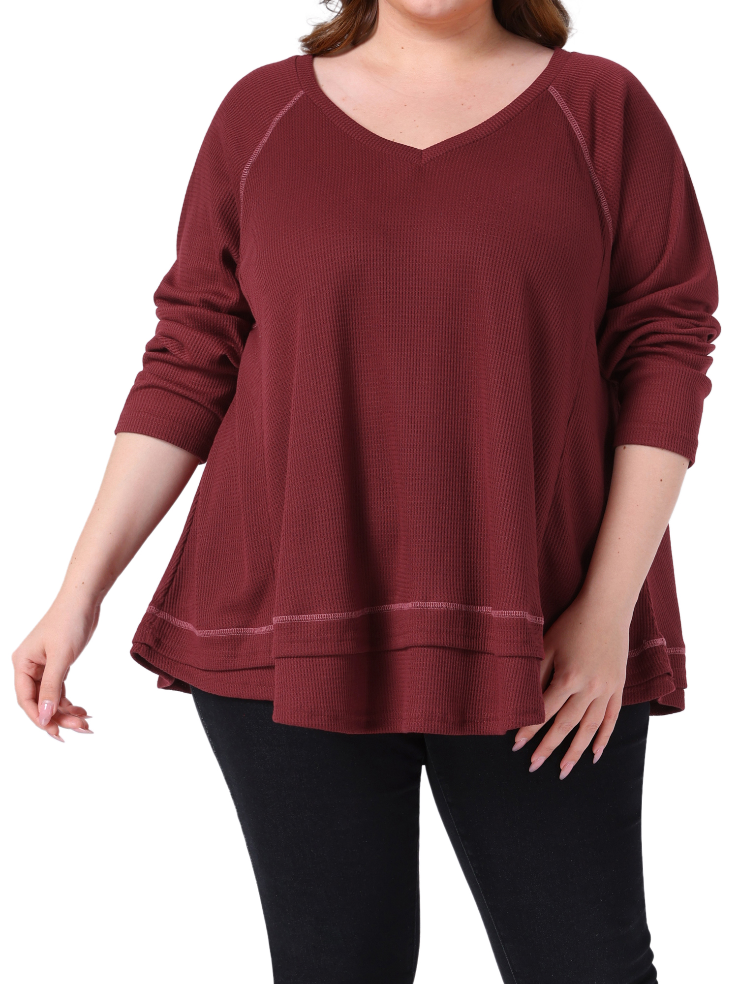 DARING DIVA Women's Plus Size Waffle Knitted V Neck Patchwork Hem Sweater 4X Burgundy