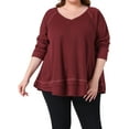 thumbnail image 2 of DARING DIVA Women's Plus Size Waffle Knitted V Neck Patchwork Hem Sweater 1X Burgundy, 2 of 7