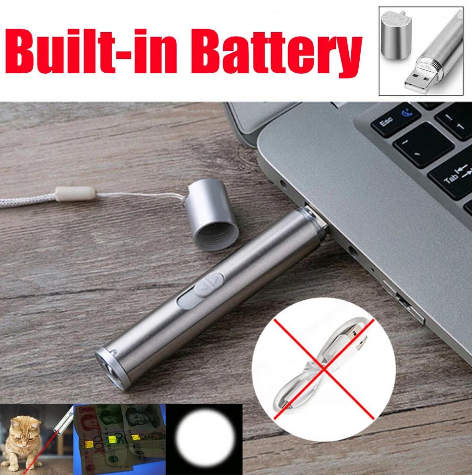 CRESTIN- 2Pcs Cat Dog Toy Red Laser Pointer Pen Usb Rechargeable Led Light Uv Flashlight