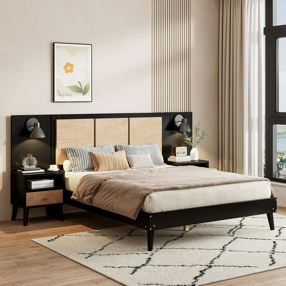 Harper & Bright Designs Queen Size Platform Bed with 2 Nightstands and 2 Lamps, Wooden Queen Bed with Headboard, Rattan and Wood Combination, Black
