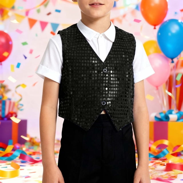 Gilet de Fête Brillant pour Adolescent, Hip Hop Pailleté, Noir, Sans Manches, Col Rond, Tenue de Fête, Collection Vacances, 12-13 Ans