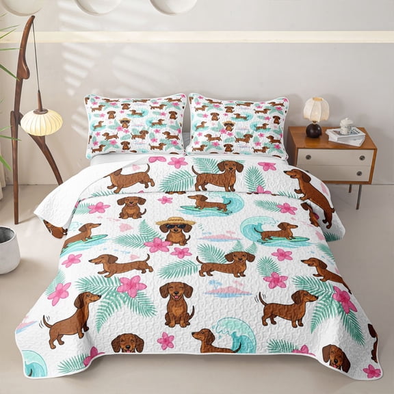 Homewish Funny Dachshund Animal Twin Quilt Set,Pretty Hibiscus Flower Twin Coverlet Set,Ocean Wave Decor,2 Pieces