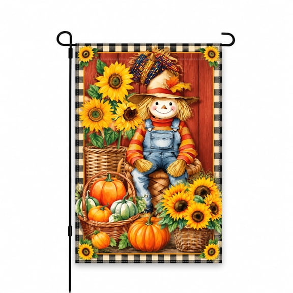 12x18 Inch Garden Flag Autumn Scarecrow Sunflowers Pumpkins Design Outdoor Decor for Yard Lawn Patio Seasonal Fall Display
