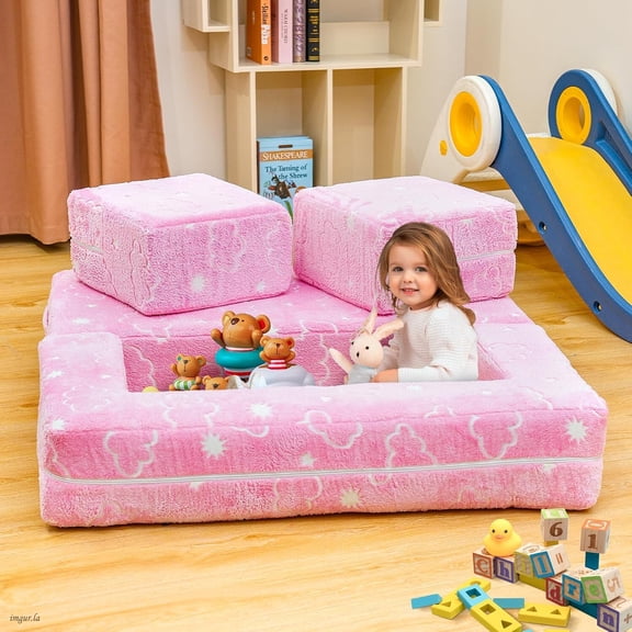 MIERES Glow‑in‑the‑Dark Kids Modular Play Couch Cover, Soft Skin‑Friendly Plush Slipcover, Removable Washable Replacement Cover for Convertible Foam Play Sofa, Pink Cloud Pattern