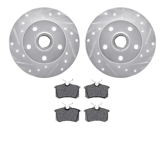 Dynamic Friction Company Rear Brake Rotors-Drilled and Slotted-Silver with 5000 Advanced Brake Pads 7502-74014