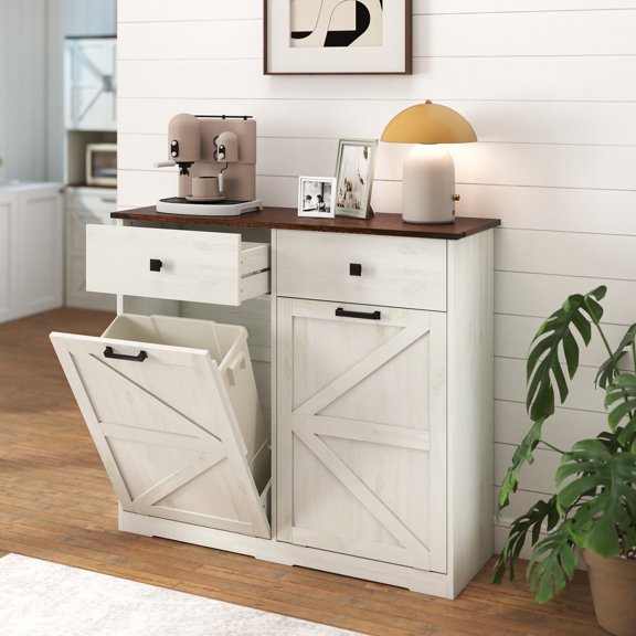 Qiushi Farmhouse Trash Cabinet with Barn Doors, Double Tilt-Out 20 Gallon Capacity Free Standing Recycling Bin Cabinet, Hideaway Laundry Sorter Storage Cabinet for Kitchen & Laundry Room