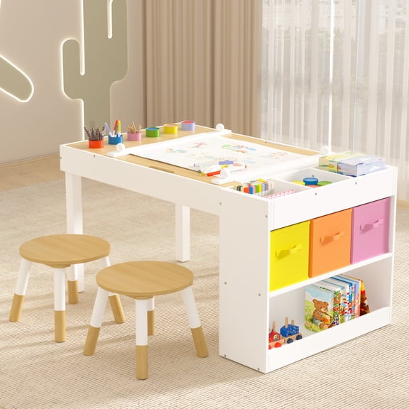 Reasea Kids Art Table with 2 Chairs - Wooden Kids Activity Desk Set Includes Baseplates, Paper Roll & Storage | 39" x 23" Craft Table for Drawing, Building & Learning