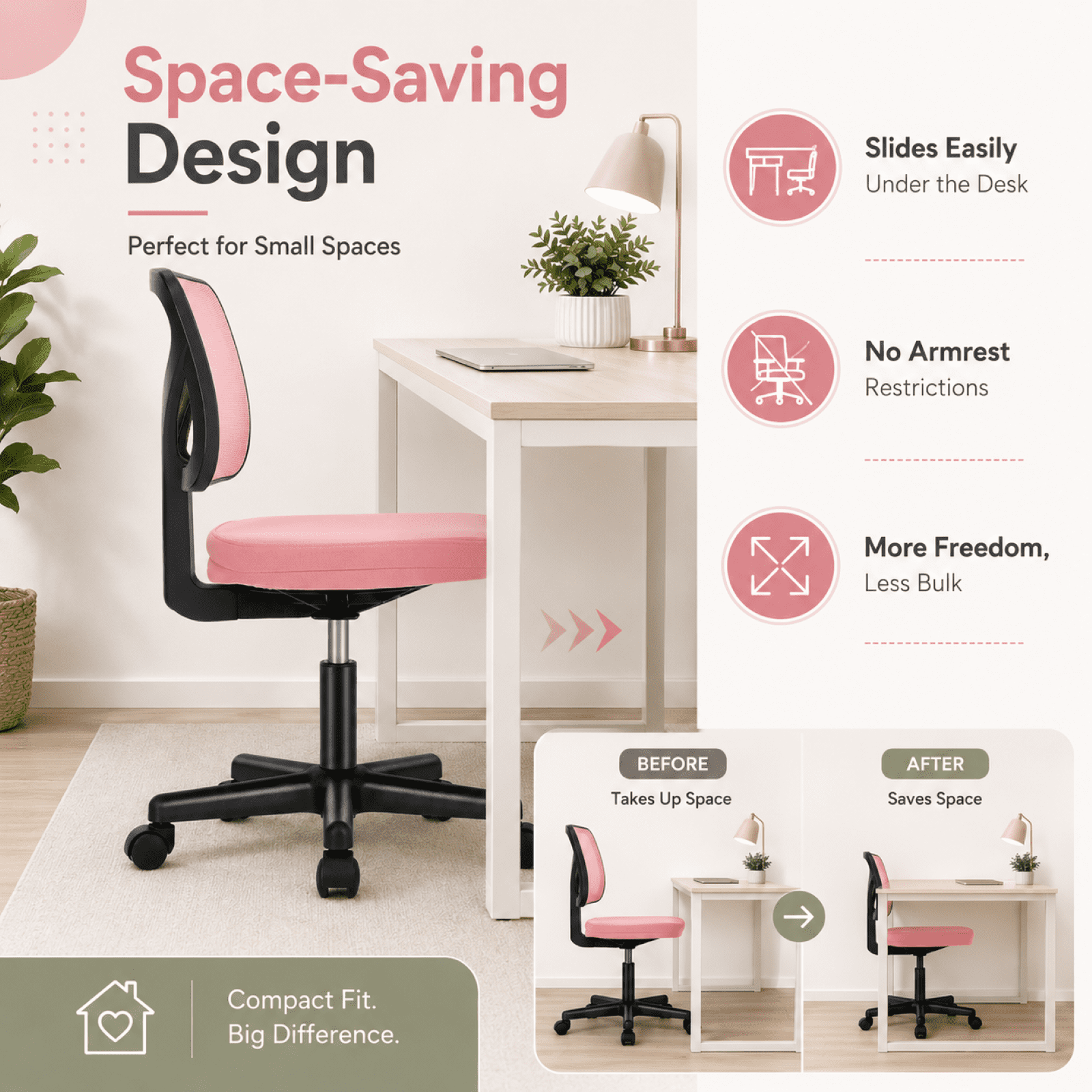 Kelno Small Desk Chair with Wheels Adjustable Computer Desk Chair with Lumbar Support Mesh Ergonomic Low-Back Office Chair, Pink