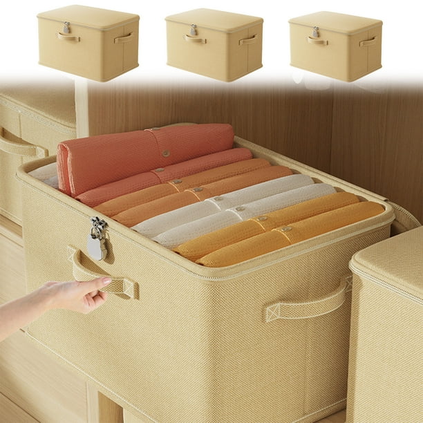 Organizador de cesta de cajas de almacenamiento con cerradura | Almacenamiento de ropa de gran capacidad | Colcha, manta y portapantalones plegables de tela beige | Cremallera con contraseña a