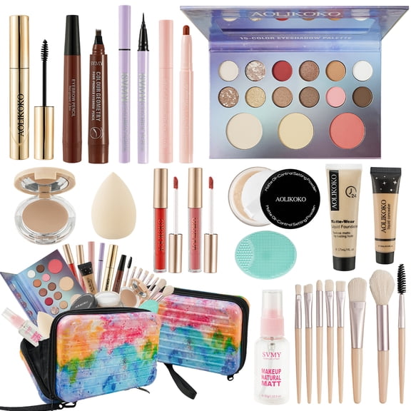 AOLIKOKO Makeup Kit for Teens & Women ā All-in-One Makeup Set for Beginners with Eyeshadow Palette,Foundation,Concealer,Lip Gloss,Mascara,Brushes & Travel Cosmetic Bag ā Complete Makeup Kit Gift Set